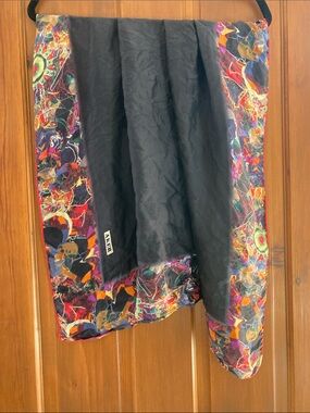 Aker Black Silk Scarf with Multicolor Abstract Border. Excellent condition.